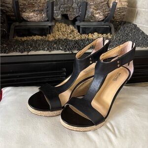 MICHAEL Michael Kors Black Leather Espadrille Wedge Sandals